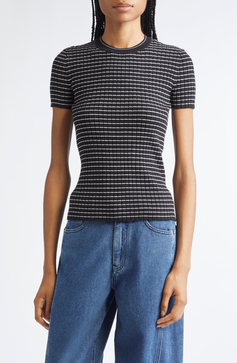 Emporio Armani Stripe Rib Crewneck Top, Main, color, Solid Black