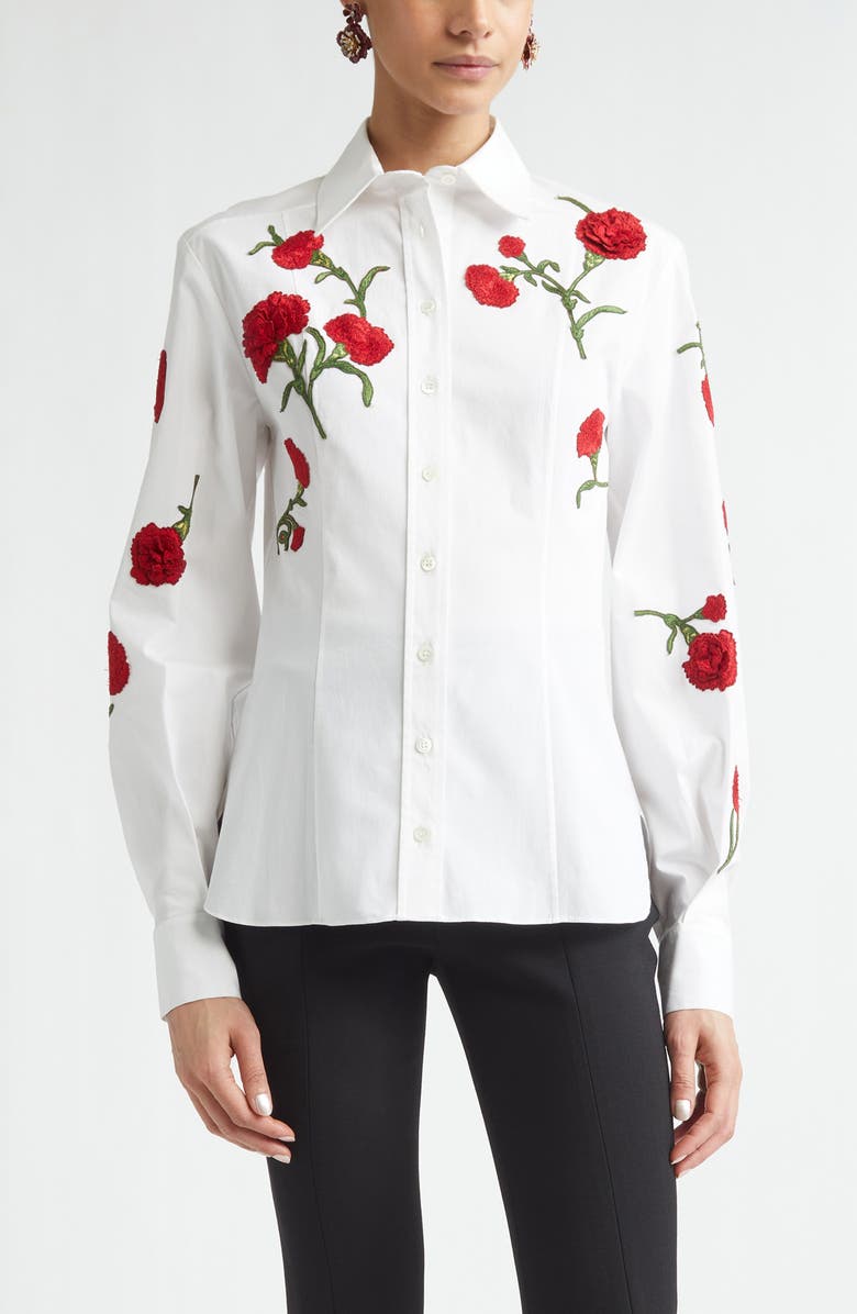Carolina Herrera Isabella Rose Embroidered Stretch Poplin Button-Up Shirt, Main, color, White Multi