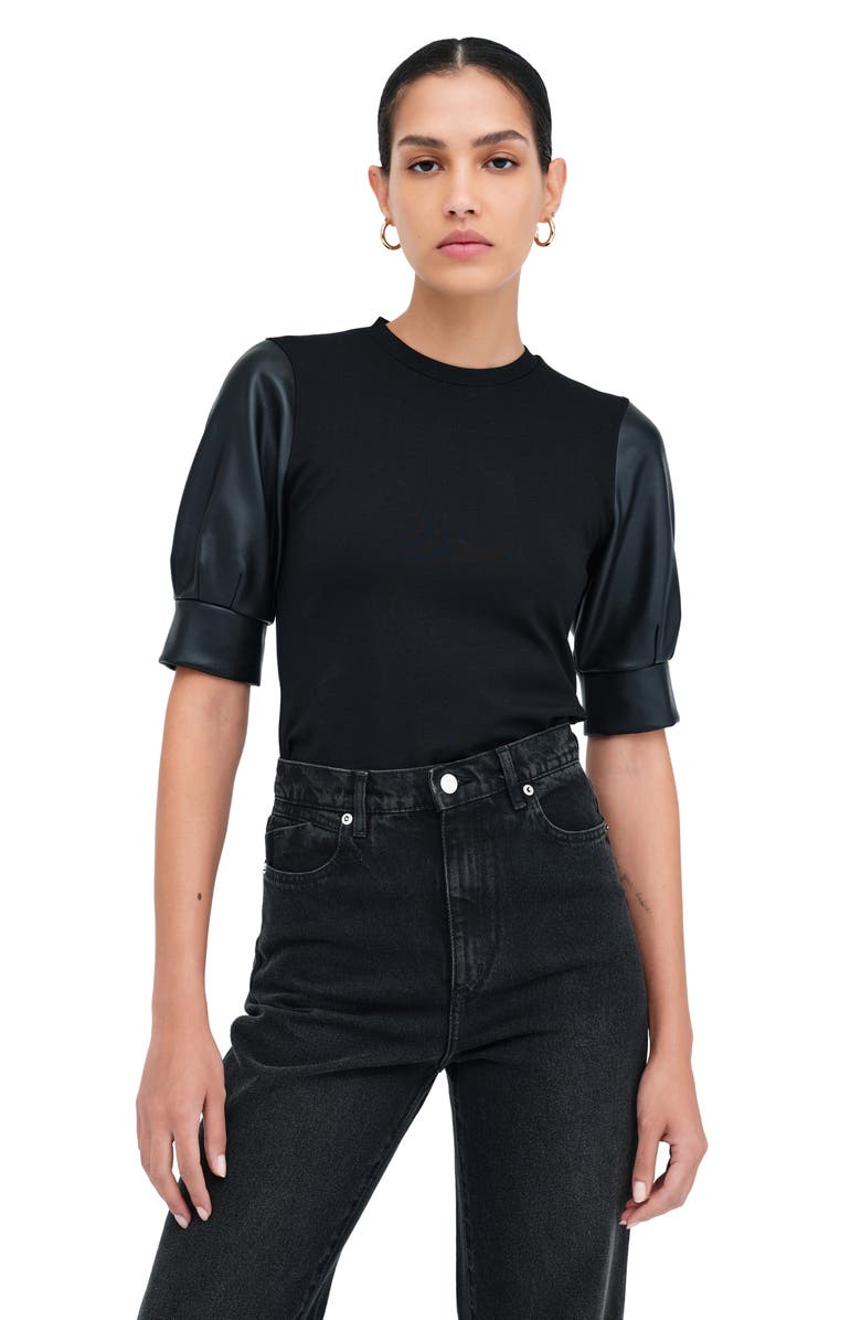 Marcella Trove Faux Leather Sleeve Top, Alternate, color, Black