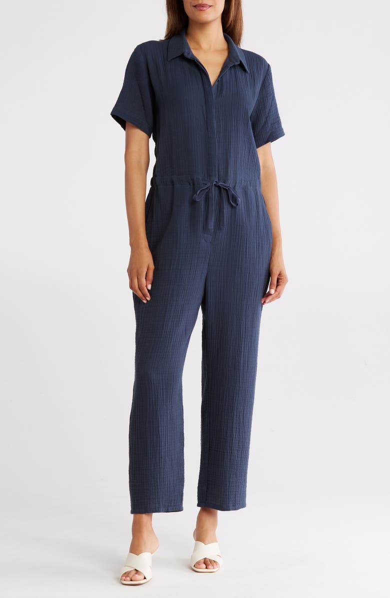 Eileen Fisher Collar Short Sleeve Organic Cotton Gauze Jumpsuit, Main, color, 