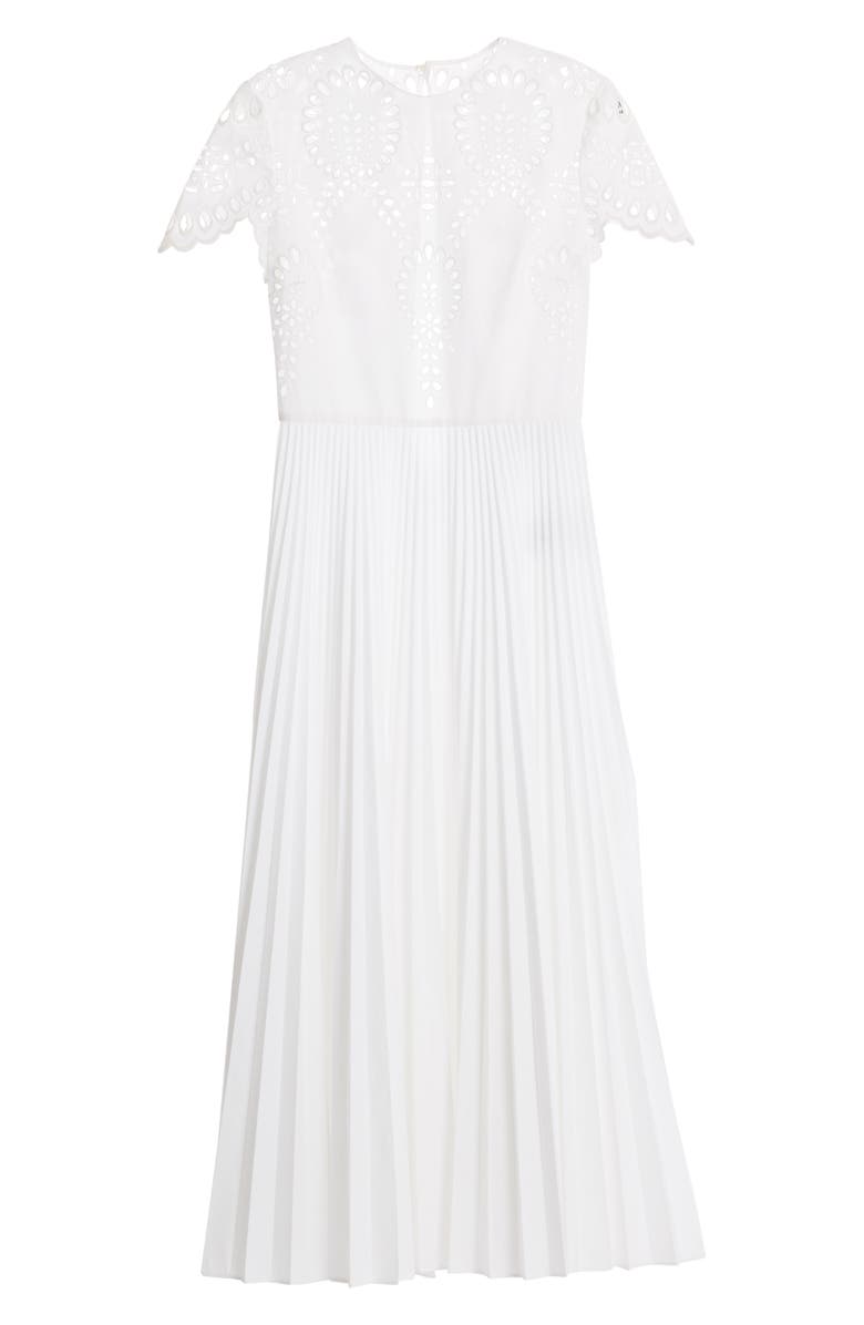 Valentino Garavani Valentino Broderie Anglaise Pleated Cotton Blend Midi Dress, Alternate, color, 