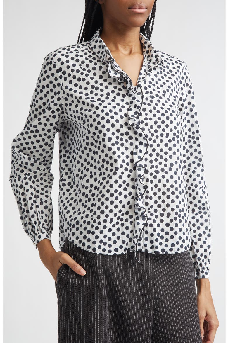 Polka Dot Ruffle Trim Button-Up Shirt, Alternate, color, WHITE WITH ALL OVER POLKA DOT