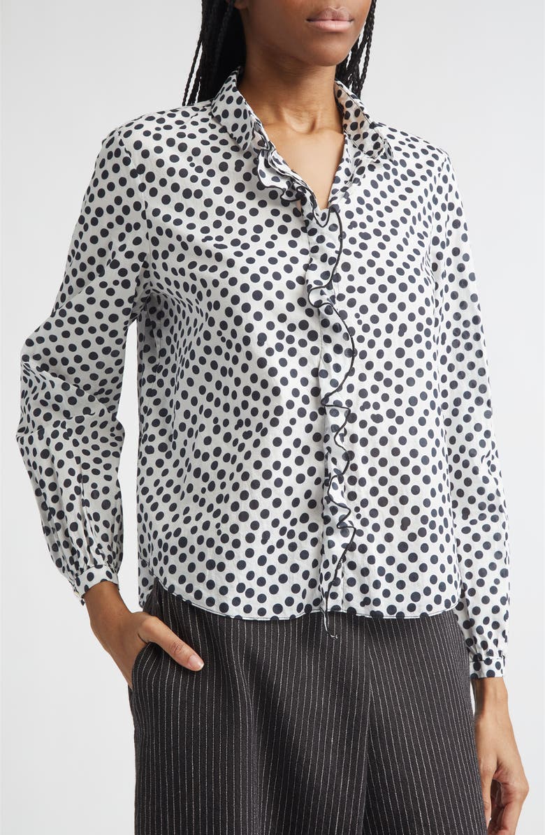 R13 Polka Dot Ruffle Trim Button-Up Shirt, Alternate, color, White With All Over Polka Dot
