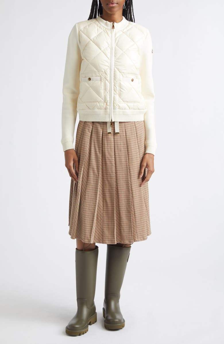 Moncler Cotton & Nylon Quilt Front Cardigan, Main, color, White