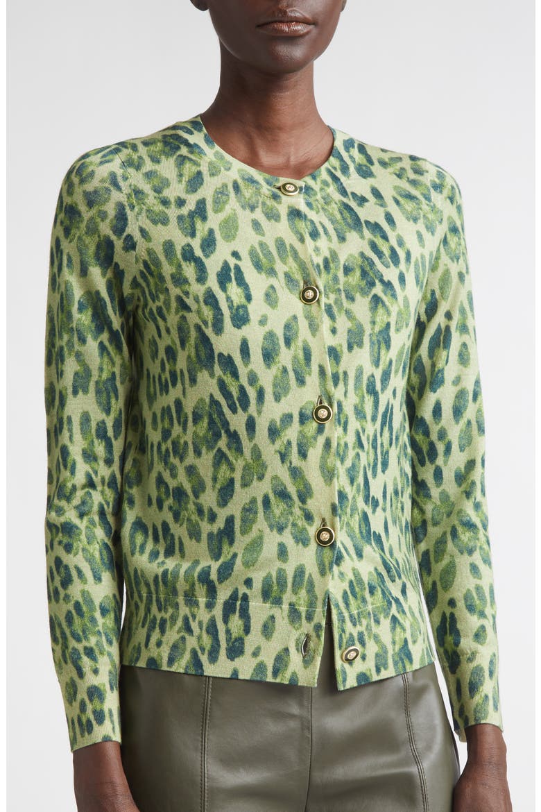 Fine Gauge Leopard Print Wool Blend Cardigan, Alternate, color, OLIVE MULTI ANIMAL PRINT