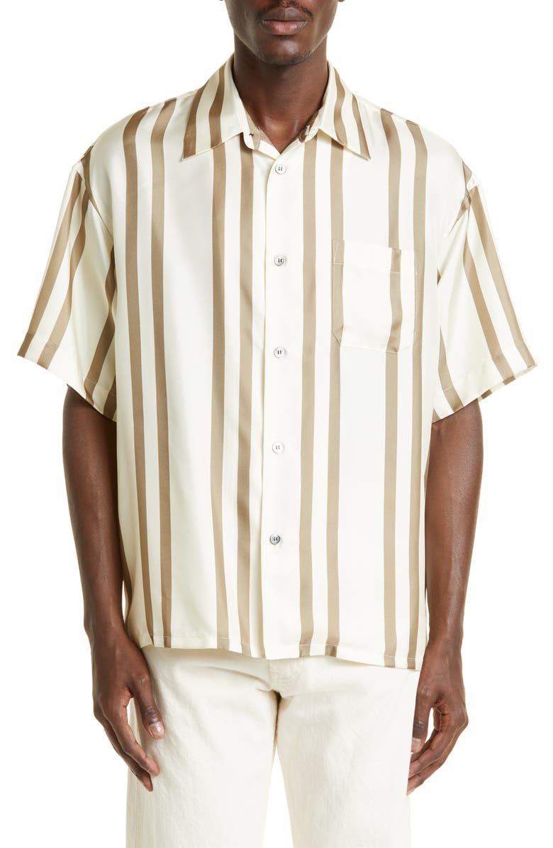 John Elliott Stripe Short Sleeve Silk Button-Up Shirt, Main, color,