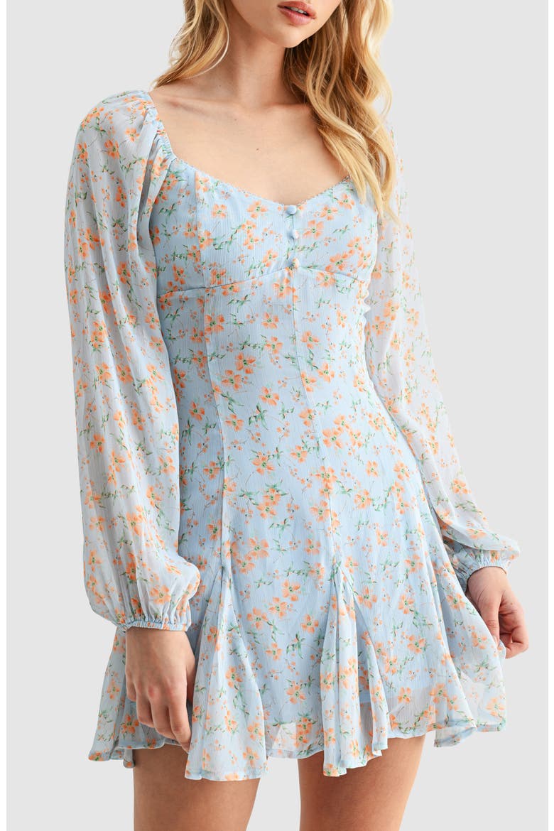 Floral Long Sleeve Fit & Flare Minidress, Alternate, color, BLUE ORANGE