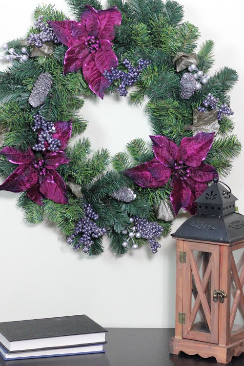 Northlight Poinsettia And Pine Cone Berries Artificial Christmas Wreath In Purple