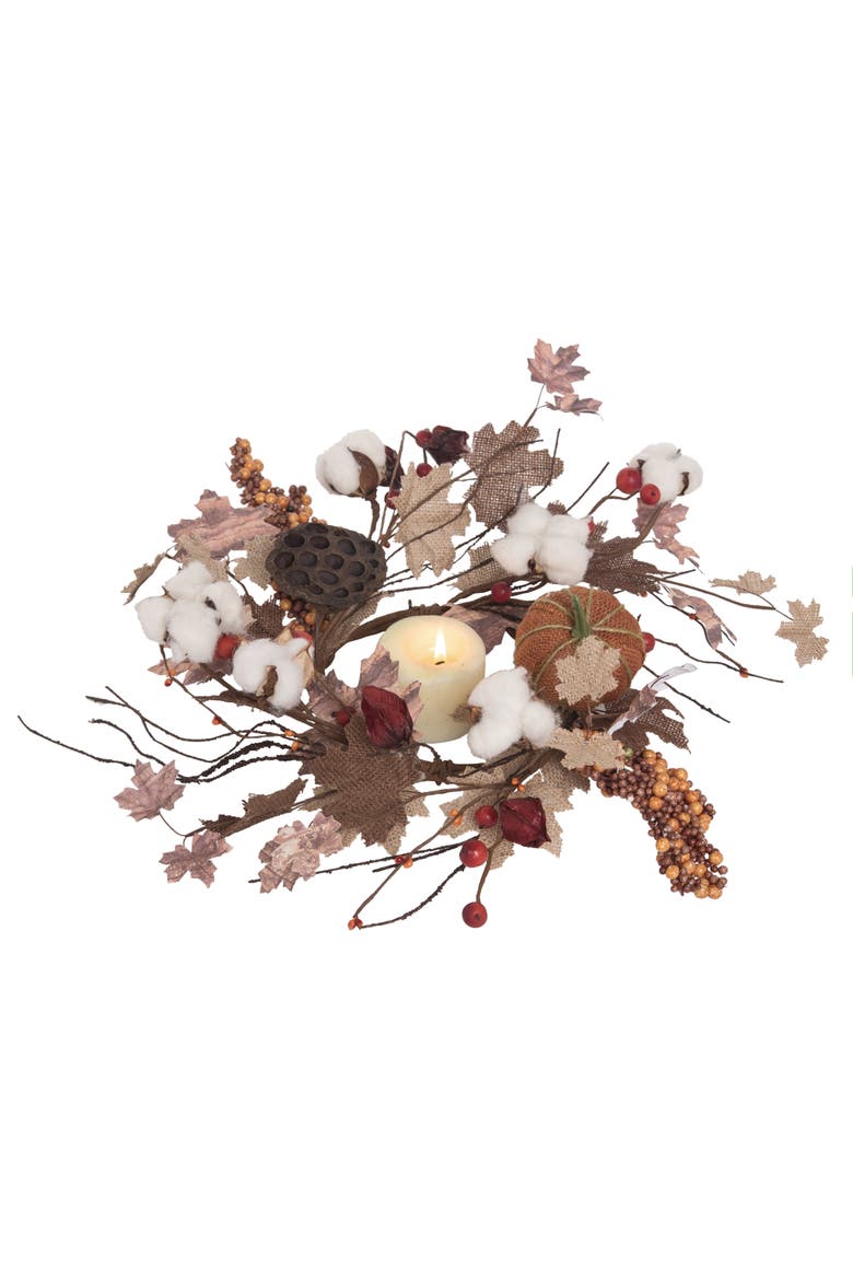 Multicolor Autumn Cotton Blossom Candle Ring Fall Floral Wreath, Main, color, Multicolored