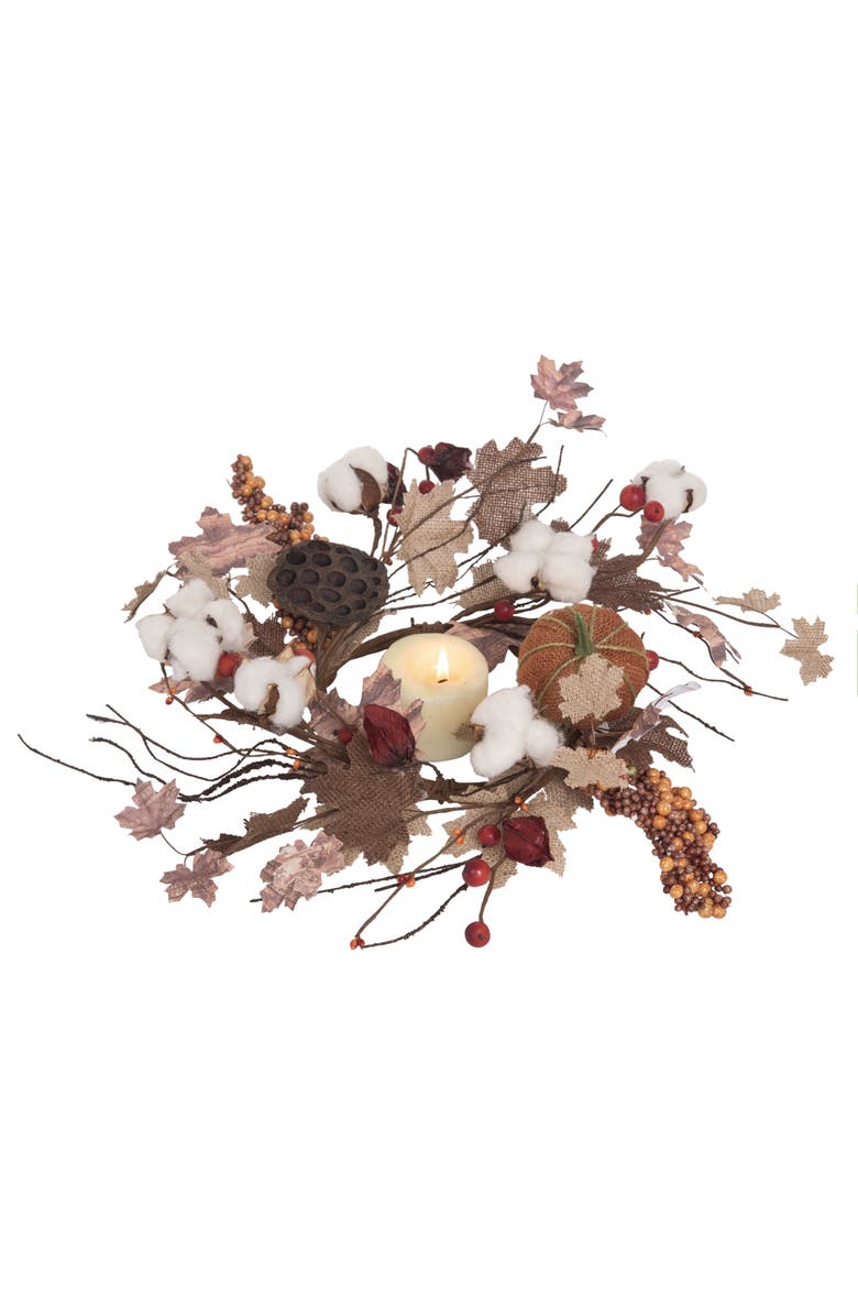 Transpac Multicolor Autumn Cotton Blossom Candle Ring Fall Floral Wreath, Main, color, Multicolored