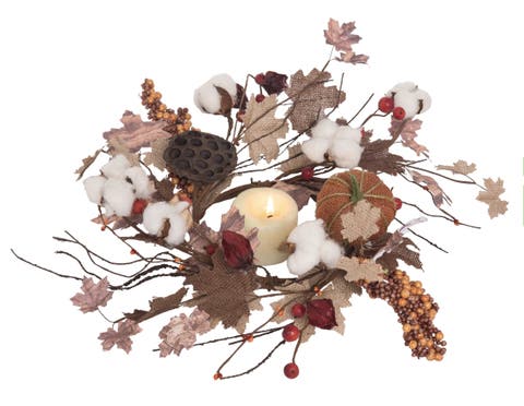 Multicolor Autumn Cotton Blossom Candle Ring Fall Floral Wreath