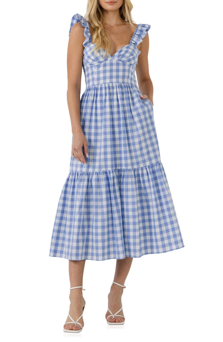 English Factory Gingham Tiered Sleeveless Cotton Midi Dress, Main, color,
