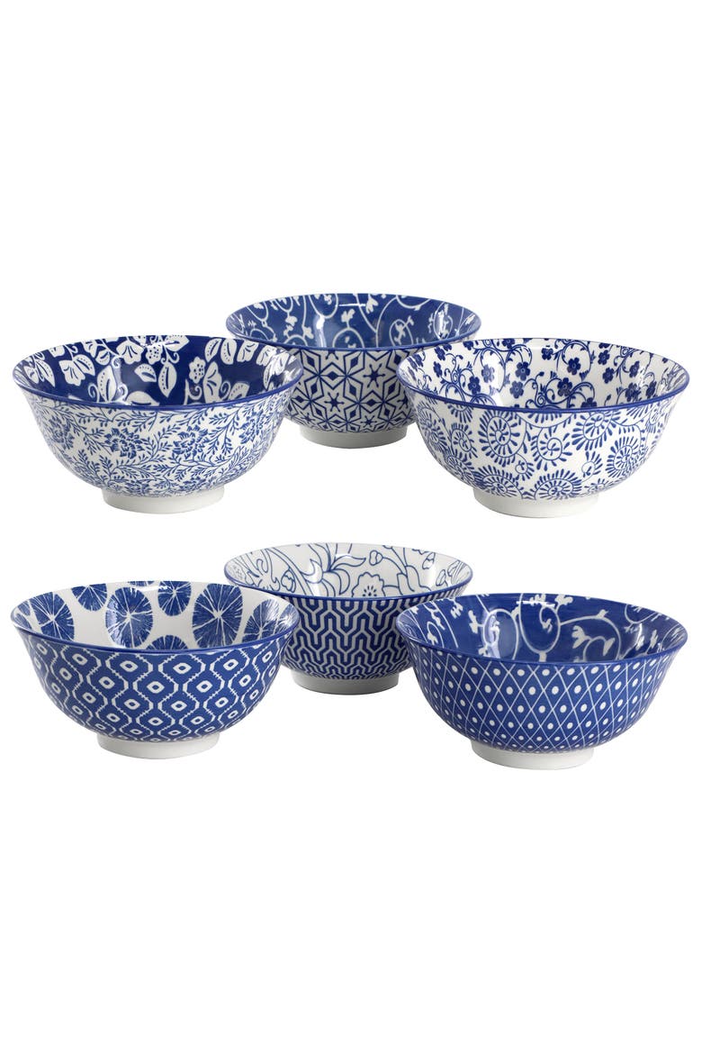 Moxy 6 Piece Assorted Design 20oz Porcelain Footed Bowl Set, Alternate, color, Blue
