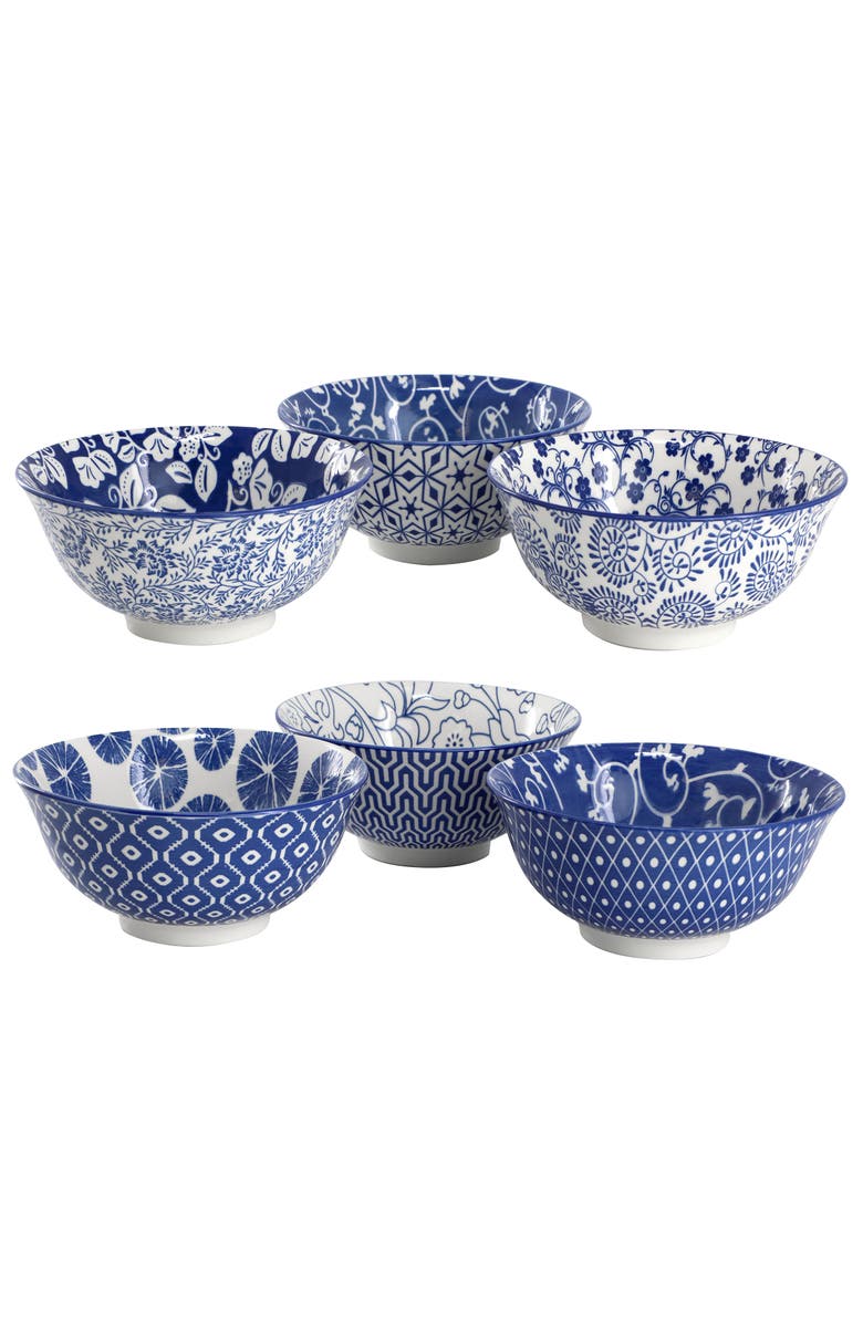 Elama Moxy 6 Piece Assorted Design 20oz Porcelain Footed Bowl Set, Alternate, color, Blue