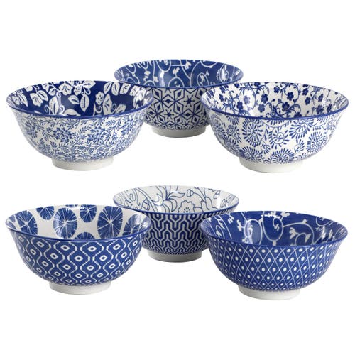 Elama Moxy 6 Piece Assorted Design 20oz Porcelain Footed Bowl Set In Blue