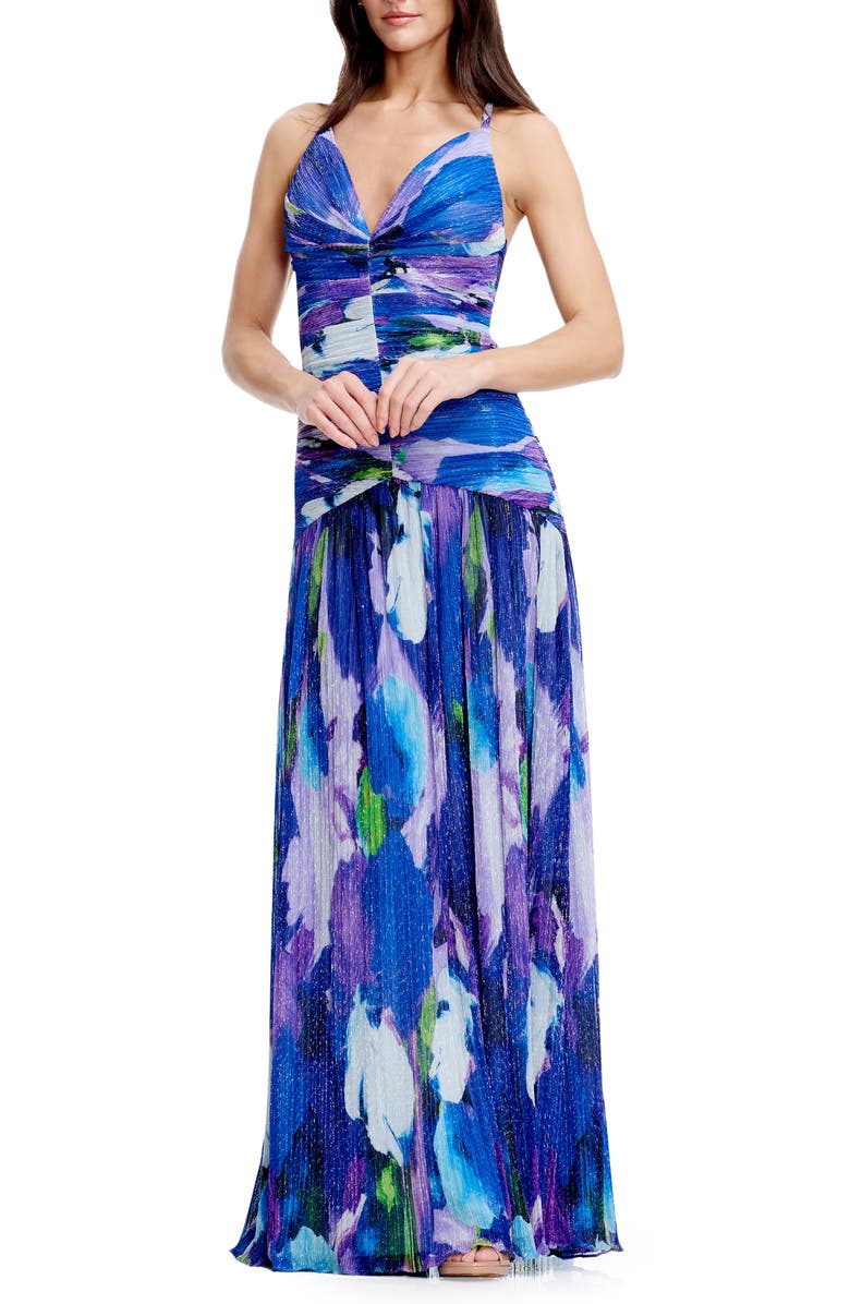 Dress the Population Elora Metallic Floral Gown, Main, color, Electric Blue Multi