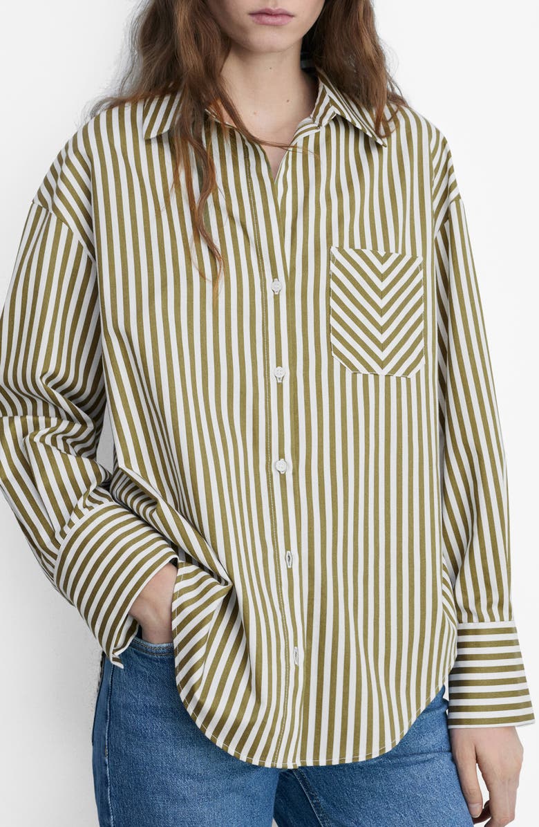 MANGO Stripe Cotton Blend Button-Up Shirt, Main, color, Green