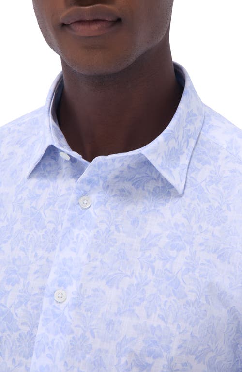 Bugatchi Orson Floral Print Short Sleeve Cotton Seersucker Button-up Shirt In Sky