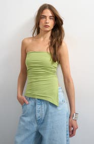 Topshop Strapless Ruched Asymmetric Hem Stretch Cotton Top