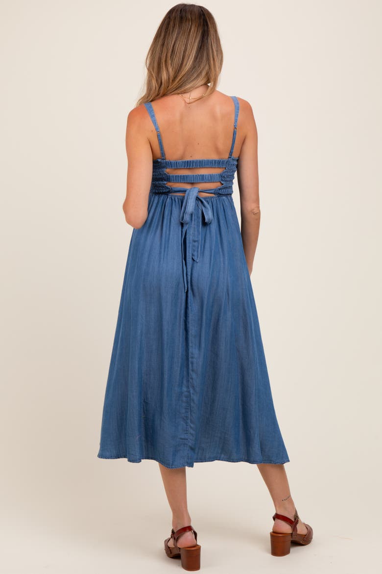 Smocked Chambray Tie Back Cutout Midi Dress, Alternate, color, Blue