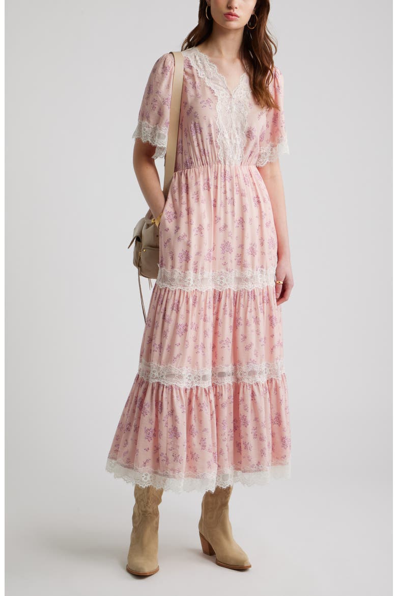 Garden Lace Trim Tiered Maxi Dress, Alternate, color, PINK LAYERED SPRIGS