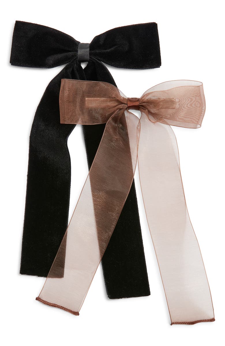 BP. Set of 2 Velvet & Organza Hair Bow Barrettes, Main, color, Black- Brown