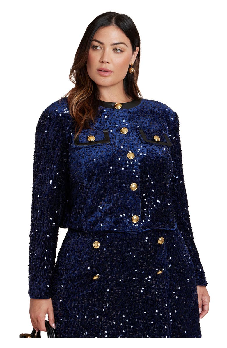 ELOQUII Sequin Velvet Jacket, Alternate, color, Rich Navy