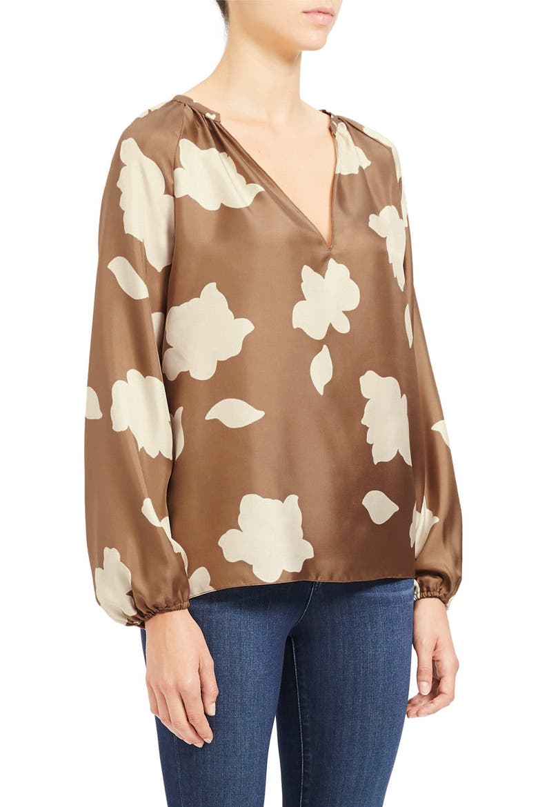 Floral Print Silk Top, Alternate, color, BRIGHT CAMEL