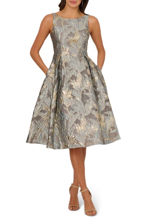 Metallic Leaf Jacquard Fit & Flare Cocktail Dress