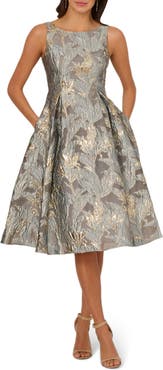 adrianna papell metallic jacquard fit & flare dress Plus Size V Neck Metallic Jacquard Fit And Flare Midi Dress In Hunter Gold, Hunter/Gold / Plus Size / 18