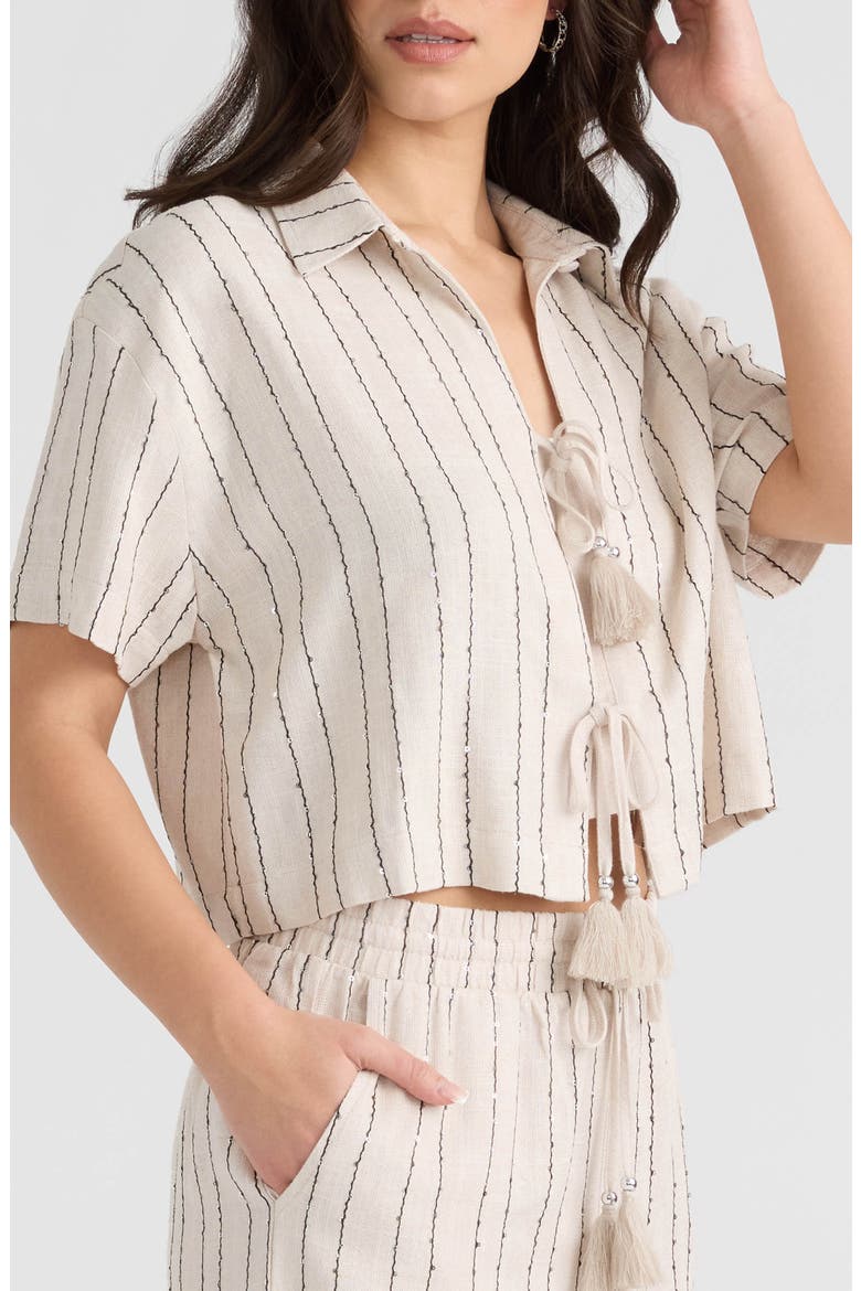 Sequin Tie Front Top, Alternate, color, NATURAL/ BLACK STRIPE