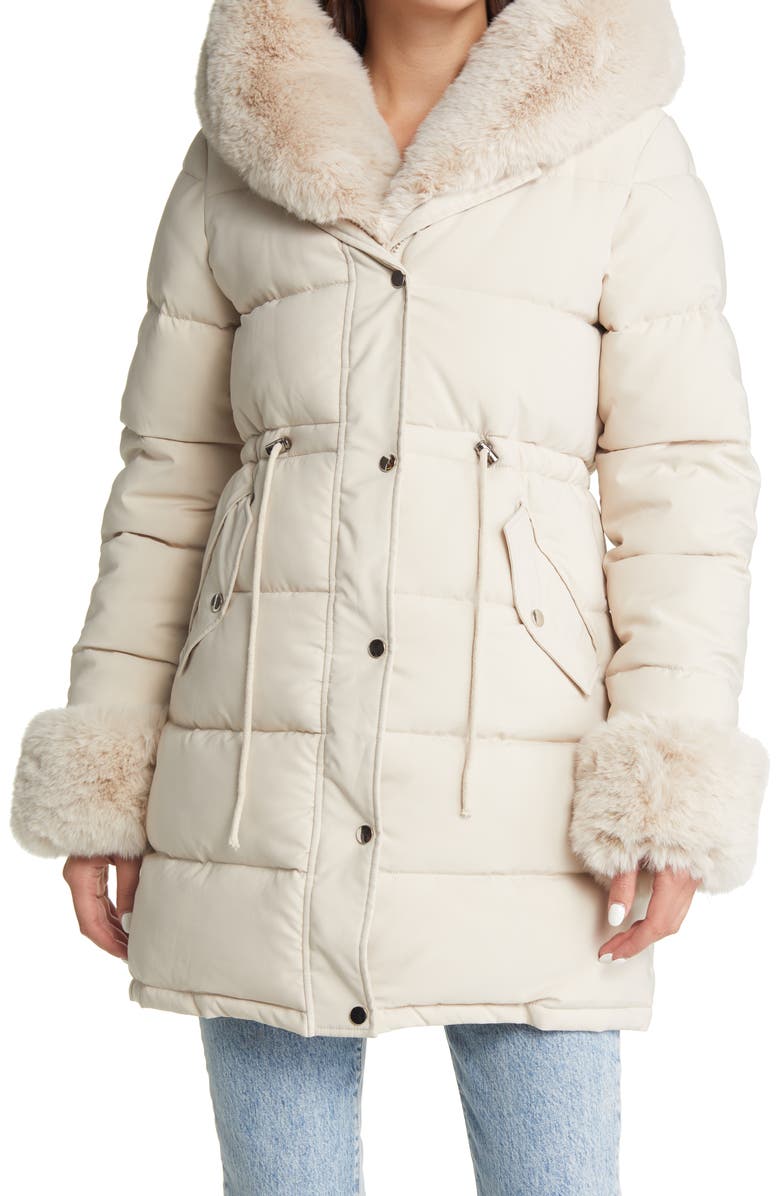 AZALEA WANG Faux Fur Trim Puffer Coat, Main, color,