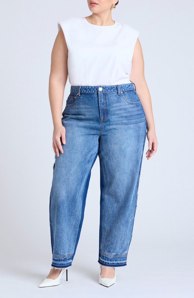 ELOQUII Two-Tone High Waist Straight Leg Jeans, Alternate, color, 