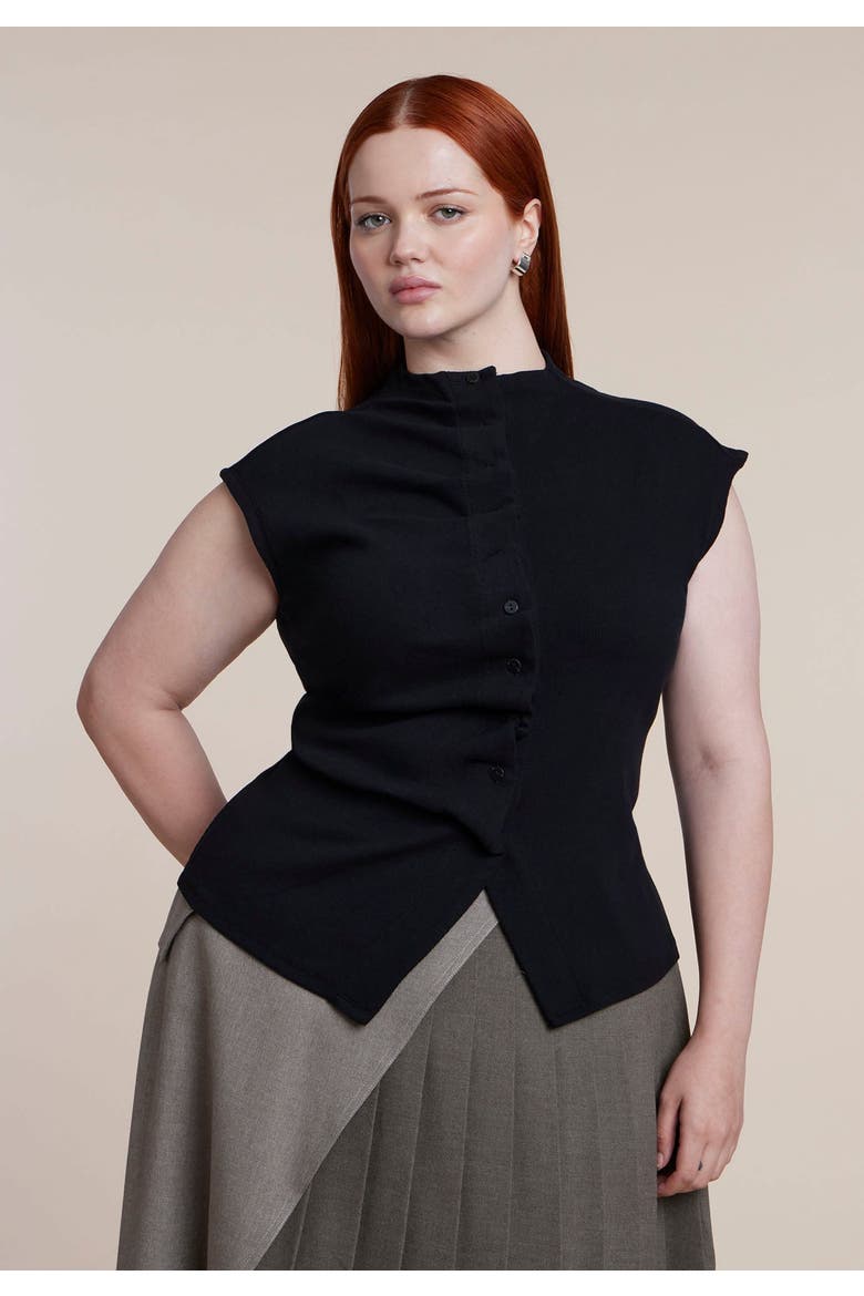 Pleated Button Front Mock Neck Top, Main, color, BLACK ONYX
