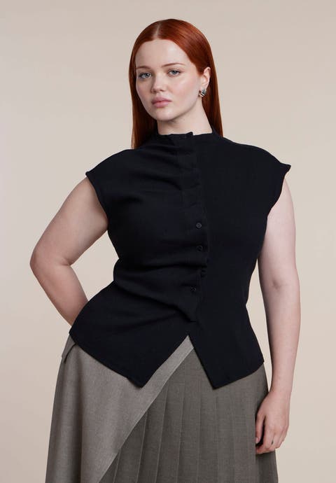 Pleated Button Front Mock Neck Top