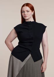 ELOQUII Pleated Button Front Mock Neck Top