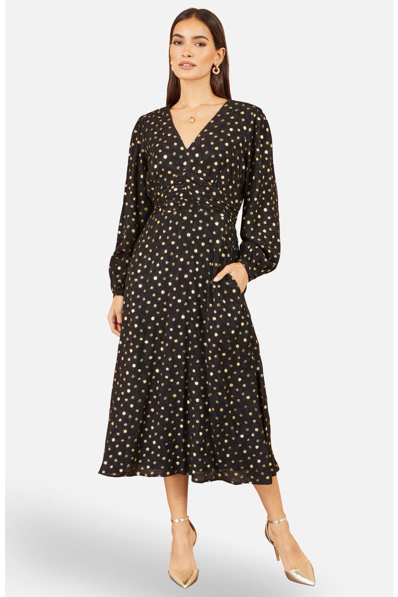 Long Sleeve Foil Print Midi Dress, Main, color, Black