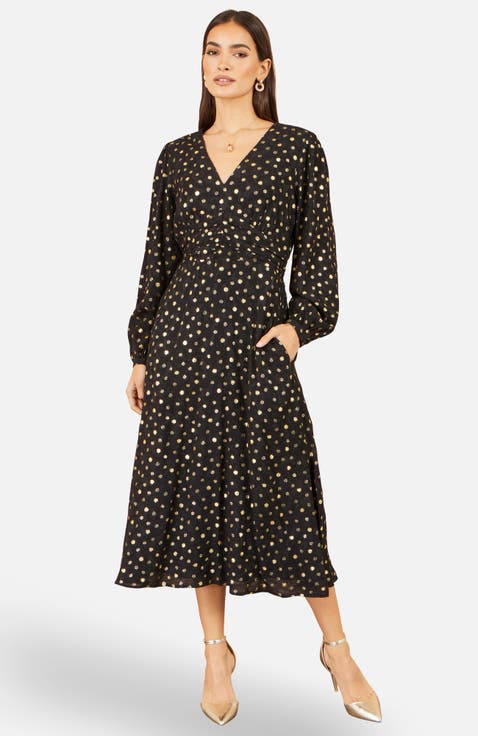 Long Sleeve Foil Print Midi Dress