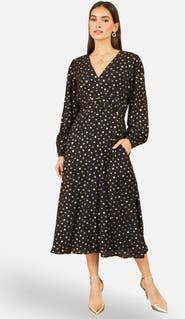 Yumi Long Sleeve Foil Print Midi Dress