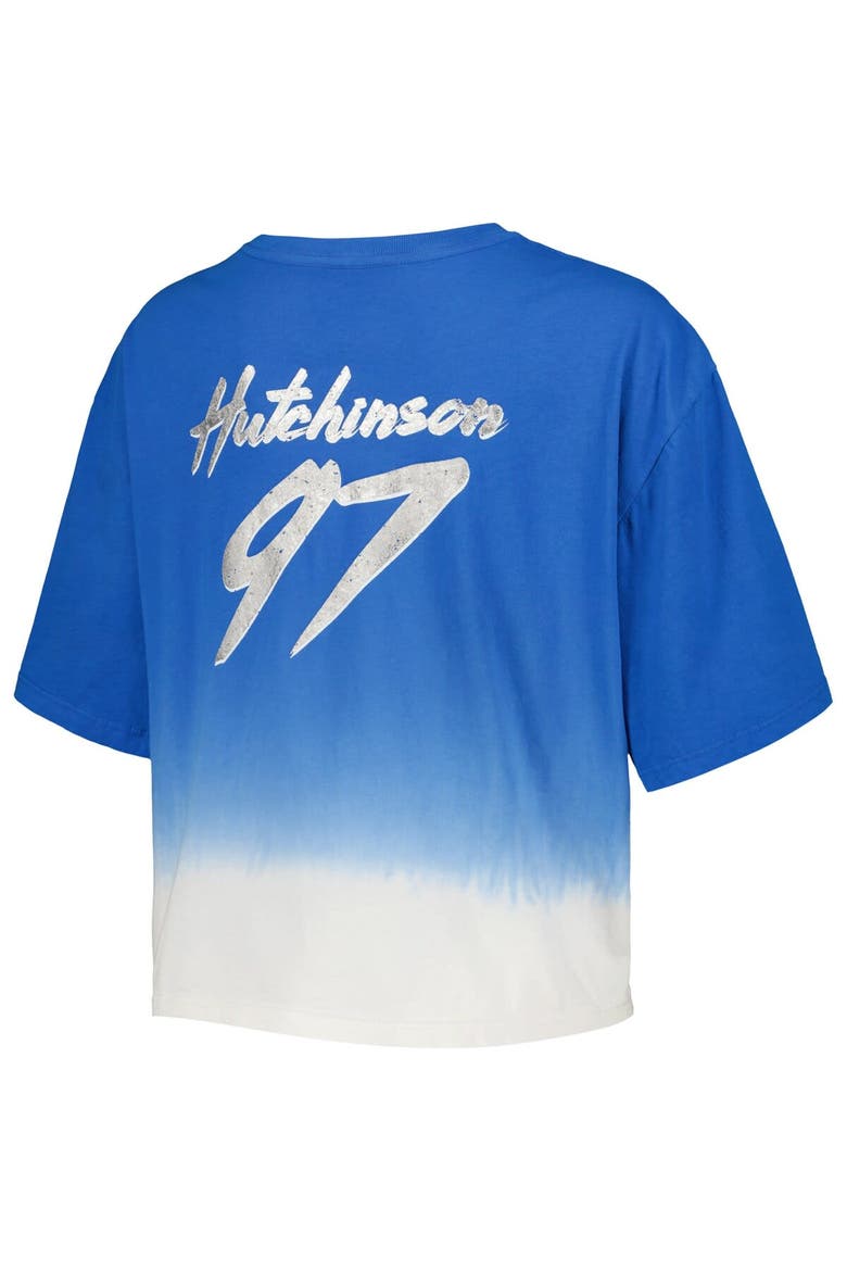 Women's Majestic Threads Aidan Hutchinson Blue/White Detroit Lions Dip-Dye Player Name & Number Crop Top, Alternate, color, Blue