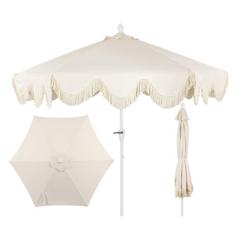 Collins 9 ft. Classic Cottage Fringe Tassel Market Patio Umbrella with Auto-Tilt Crank