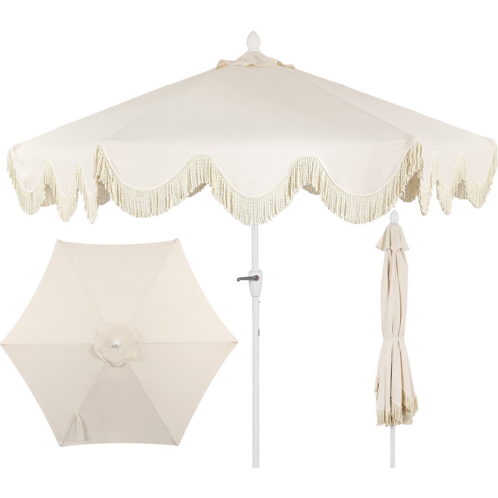 Jonathan Y Collins Bohemian Fringe Outdoor Patio Umbrella With Crank Lift And Tilt, Scalloped Uv-res In White