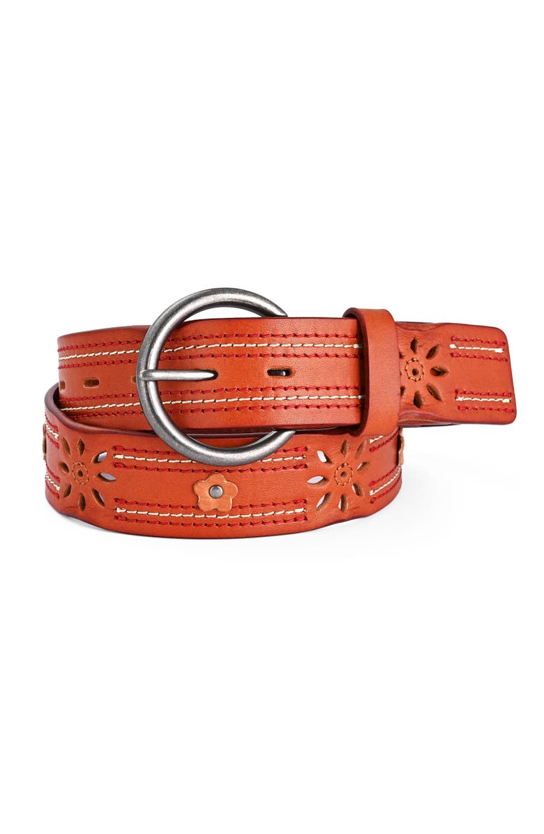 OLD TREND Blossom Genuine Leather Stitched Perforated Detail Belt, Main, color, Camel