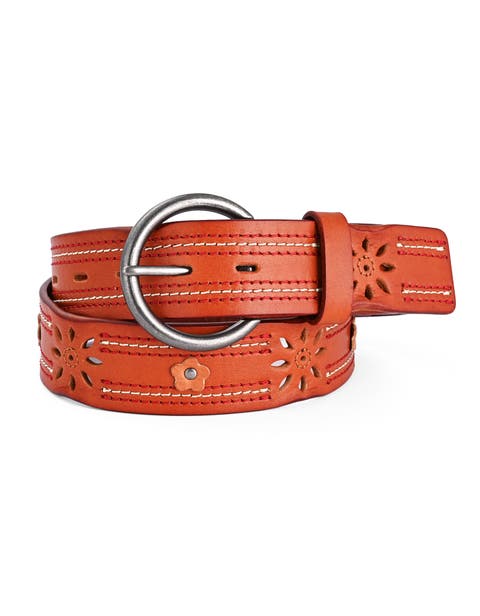 Blossom Genuine Leather Stitched Perforated Detail Belt