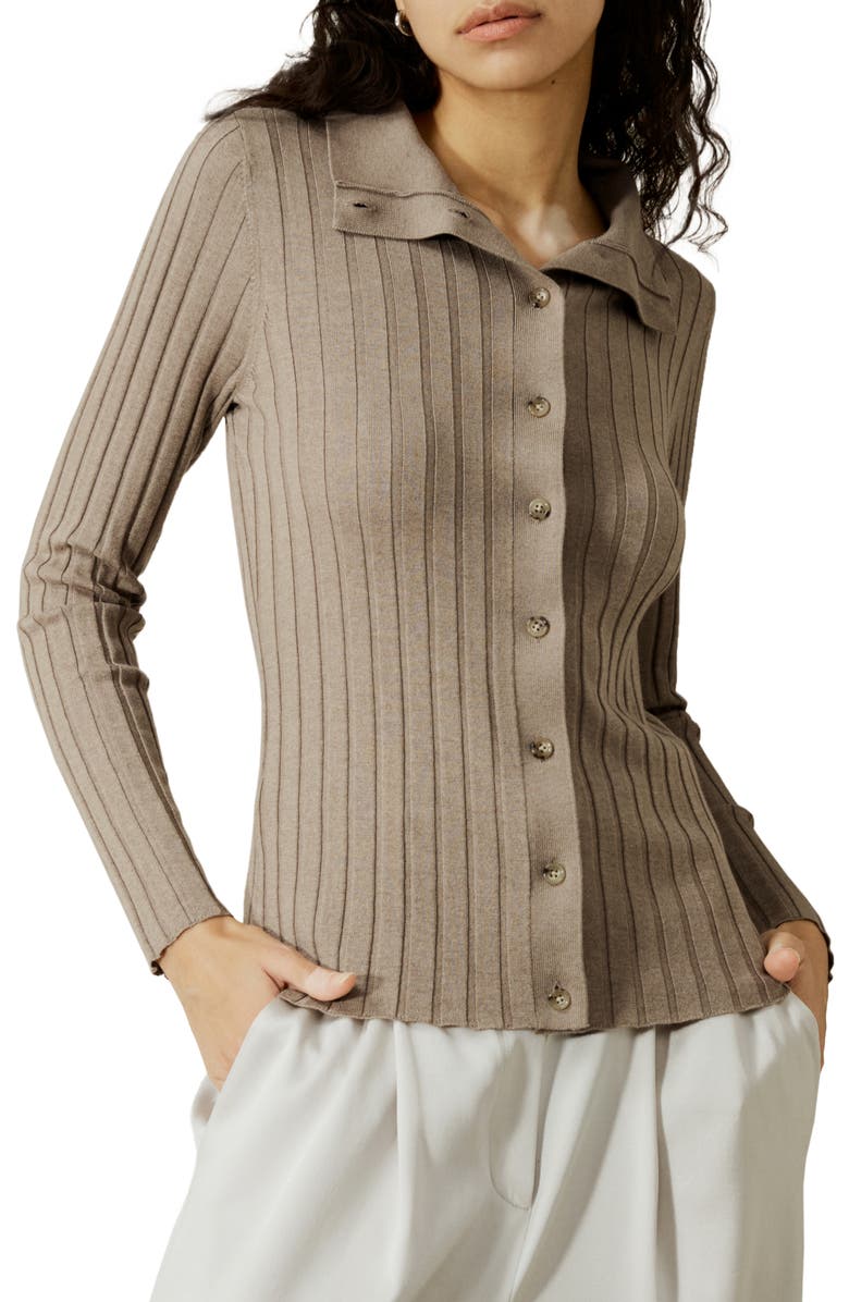 Lilysilk Women's Ribbed Silk-Cashmere Blend Cardigan, Main, color, Brown