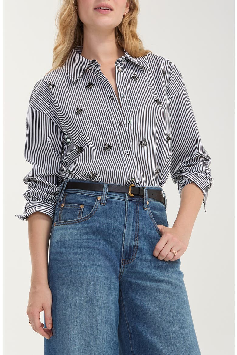 Beaded Stripe Cotton Blend Shirt, Main, color, BLACK/ WHITE STRIPE