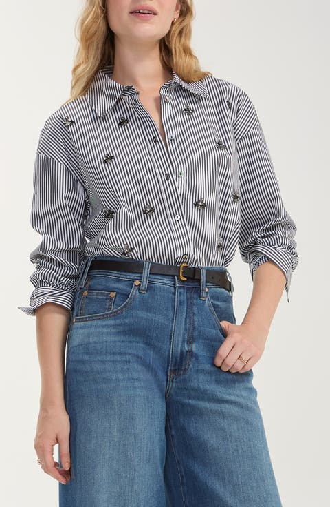 Beaded Stripe Cotton Blend Shirt