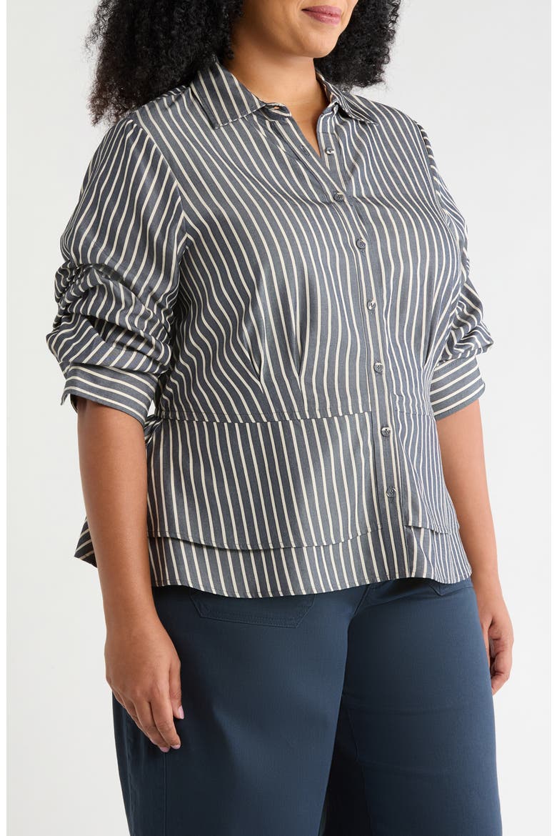 Double Peplum Striped Button-Down Top, Alternate, color, NAVY/ ECRU