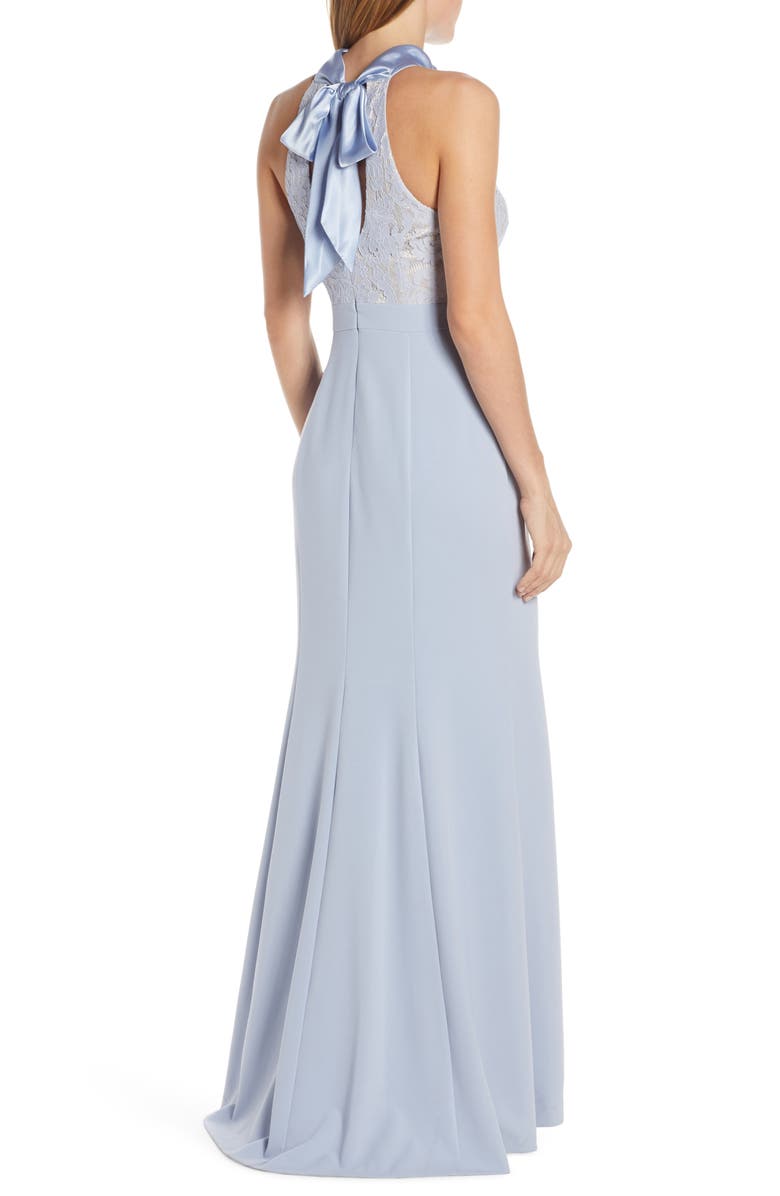 Eliza J Halter Neck Lace & Crepe Mermaid Gown, Alternate, color,