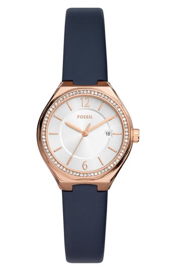 Fossil Eevie Crystal Three-hand Leather Strap Watch, 30mm In Rose Gold